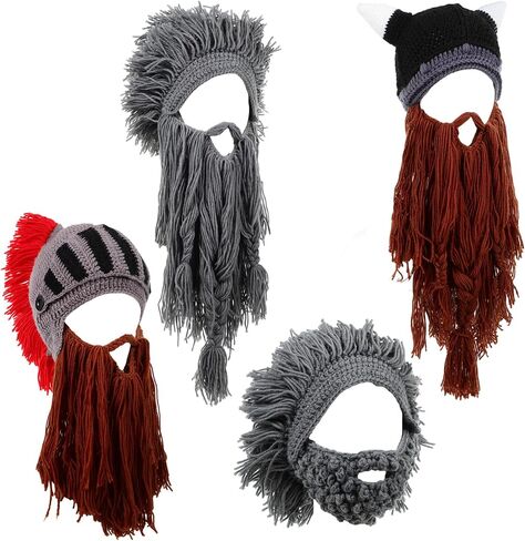 Geyoga 4 Pcs Creative Beard Hats Viking Beanie Wig Knit Beard Horn Winter Warm Funny Mask Beanie for Women Men Halloween Christmas Dark in Saudi Arabia
