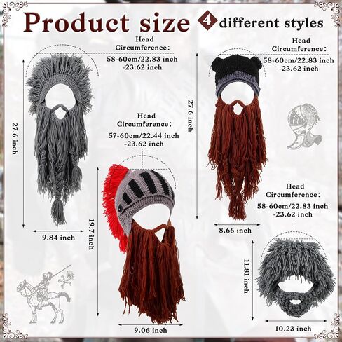 Geyoga 4 Pcs Creative Beard Hats Viking Beanie Wig Knit Beard Horn Winter Warm Funny Mask Beanie for Women Men Halloween Christmas Dark in Saudi Arabia