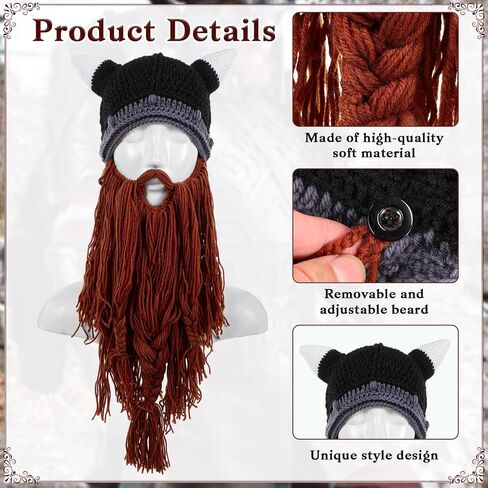 Geyoga 4 Pcs Creative Beard Hats Viking Beanie Wig Knit Beard Horn Winter Warm Funny Mask Beanie for Women Men Halloween Christmas Dark in Saudi Arabia
