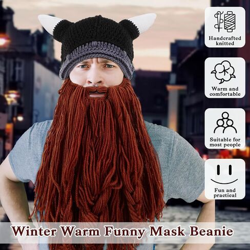 Geyoga 4 Pcs Creative Beard Hats Viking Beanie Wig Knit Beard Horn Winter Warm Funny Mask Beanie for Women Men Halloween Christmas Dark in Saudi Arabia