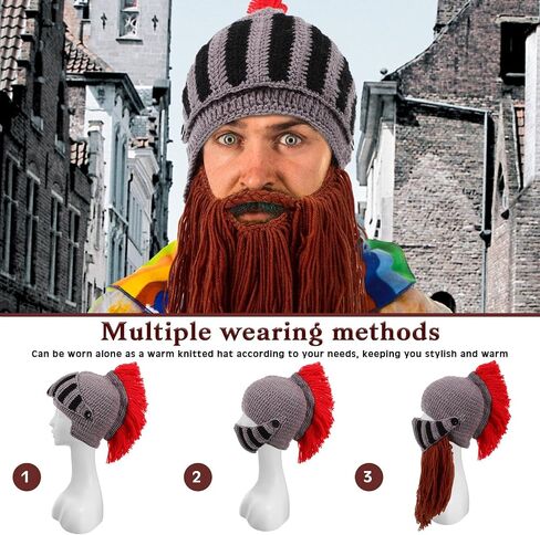 Geyoga 4 Pcs Creative Beard Hats Viking Beanie Wig Knit Beard Horn Winter Warm Funny Mask Beanie for Women Men Halloween Christmas Dark in Saudi Arabia