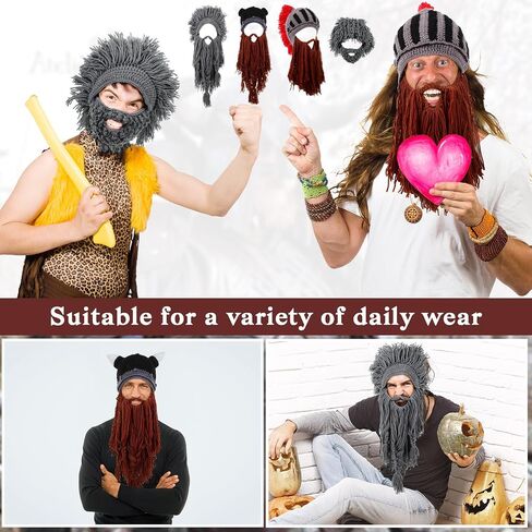 Geyoga 4 Pcs Creative Beard Hats Viking Beanie Wig Knit Beard Horn Winter Warm Funny Mask Beanie for Women Men Halloween Christmas Dark in Saudi Arabia