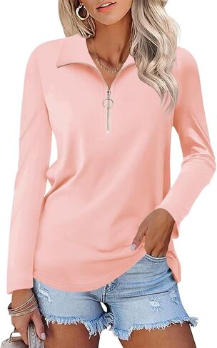 Minetom Women's Long Sleeve Tops Quarter Zip Pullover Collared Shirts Fall Clothes in Kuwait