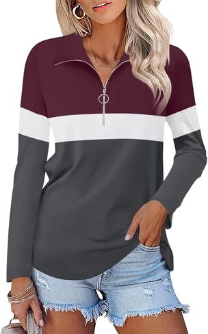 Minetom Women's Long Sleeve Tops Quarter Zip Pullover Collared Shirts Fall Clothes in Kuwait