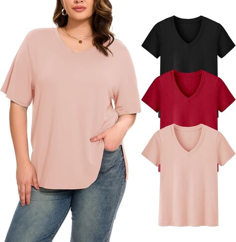 HLTPRO 3 Pack Women's Plus Size V Neck T-Shirt Black Casual Short Sleeve Tees Loose Fit Soft Tops for Gym Workout S - 3XL in Saudi Arabia
