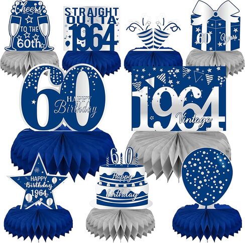 linaye زينة عيد الميلاد الستين للرجال - قطع مركزية على شكل قرص العسل باللونين الأزرق والفضي لحفلة عيد ميلاد تبلغ من العمر 60 عامًا قطع مركزية لعيد الميلاد الستين لطاولة ديكور ديكور عتيق لعيد الميلاد الستين in Kuwait