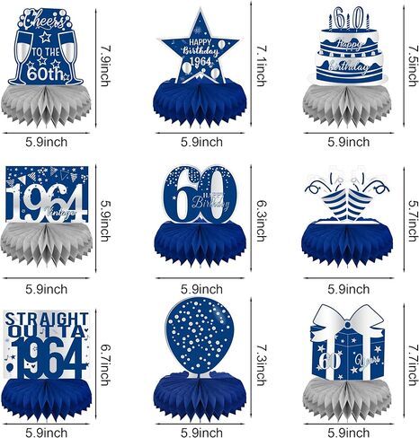 linaye زينة عيد الميلاد الستين للرجال - قطع مركزية على شكل قرص العسل باللونين الأزرق والفضي لحفلة عيد ميلاد تبلغ من العمر 60 عامًا قطع مركزية لعيد الميلاد الستين لطاولة ديكور ديكور عتيق لعيد الميلاد الستين in Kuwait