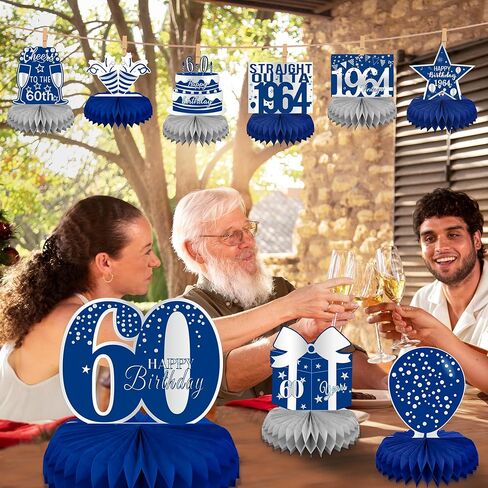 linaye زينة عيد الميلاد الستين للرجال - قطع مركزية على شكل قرص العسل باللونين الأزرق والفضي لحفلة عيد ميلاد تبلغ من العمر 60 عامًا قطع مركزية لعيد الميلاد الستين لطاولة ديكور ديكور عتيق لعيد الميلاد الستين in Kuwait