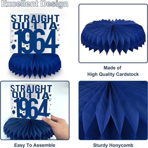 linaye زينة عيد الميلاد الستين للرجال - قطع مركزية على شكل قرص العسل باللونين الأزرق والفضي لحفلة عيد ميلاد تبلغ من العمر 60 عامًا قطع مركزية لعيد الميلاد الستين لطاولة ديكور ديكور عتيق لعيد الميلاد الستين in Kuwait