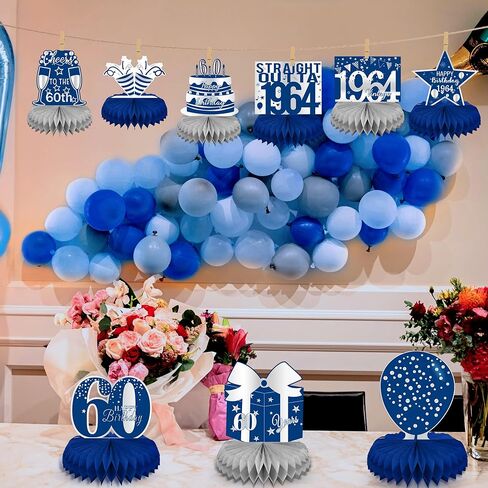linaye زينة عيد الميلاد الستين للرجال - قطع مركزية على شكل قرص العسل باللونين الأزرق والفضي لحفلة عيد ميلاد تبلغ من العمر 60 عامًا قطع مركزية لعيد الميلاد الستين لطاولة ديكور ديكور عتيق لعيد الميلاد الستين in Kuwait