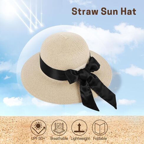 Summer Straw Hats for Women, Wide Brim Beach Hat, Boho Sun Hats with Detachable Silk Tie, Packable Travel Bucket Hat - UPF 50 in Saudi Arabia
