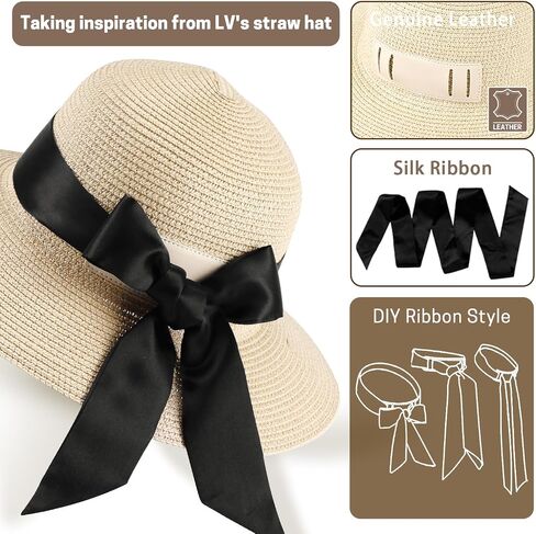 Summer Straw Hats for Women, Wide Brim Beach Hat, Boho Sun Hats with Detachable Silk Tie, Packable Travel Bucket Hat - UPF 50 in Saudi Arabia