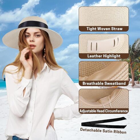 Summer Straw Hats for Women, Wide Brim Beach Hat, Boho Sun Hats with Detachable Silk Tie, Packable Travel Bucket Hat - UPF 50 in Saudi Arabia