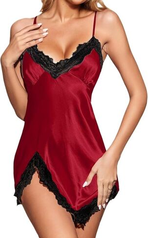 Women's Satin Lace Lingerie V Neck Chemise Nightgown Sexy Full Slips Sleepwear in Saudi Arabia