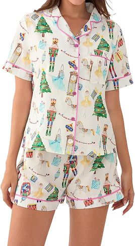 Aonoapll Women Christmas Pajama Set Nutcracker Printed Short Sleeve Button Shirt and Shorts 2 Piece Lounge Set Sleepwear in Kuwait