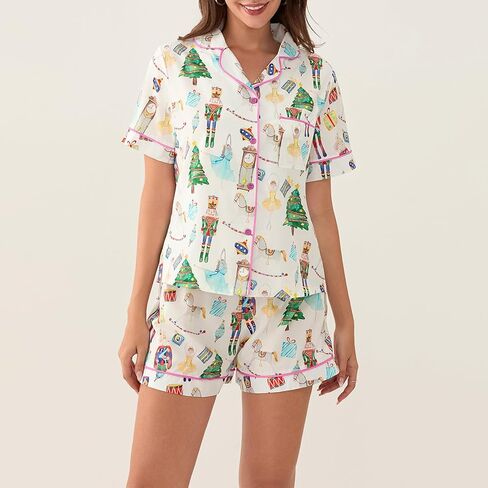 Aonoapll Women Christmas Pajama Set Nutcracker Printed Short Sleeve Button Shirt and Shorts 2 Piece Lounge Set Sleepwear in Kuwait