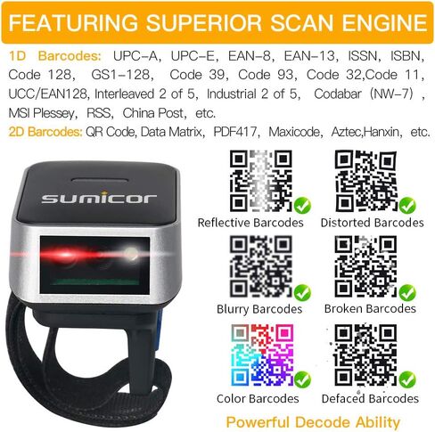 Bluetooth Ring Barcode Scanner, Sumicor Wearable Finger Bar Code Reader Portable Mnin Barcode 3-in-1 Bluetooth & 2.4Ghz Wireless & USB Work with iOS Android Windows Linux Mac OS in Saudi Arabia