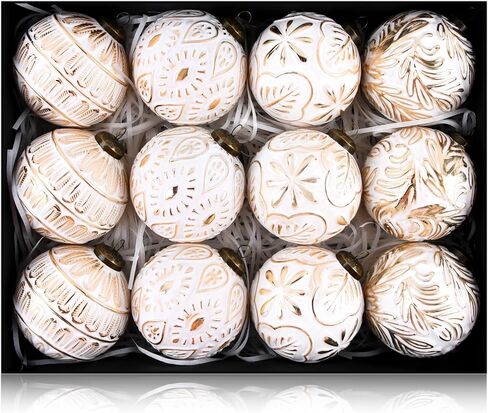 Vintage Christmas Ornaments for Tree Decorations - Rustic Christmas Ball Ornaments Gold White for Indoor Holiday Xmas Decor - 80mm 3.15inch, Pack of 12 in Saudi Arabia