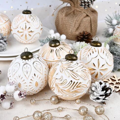 Vintage Christmas Ornaments for Tree Decorations - Rustic Christmas Ball Ornaments Gold White for Indoor Holiday Xmas Decor - 80mm 3.15inch, Pack of 12 in Saudi Arabia