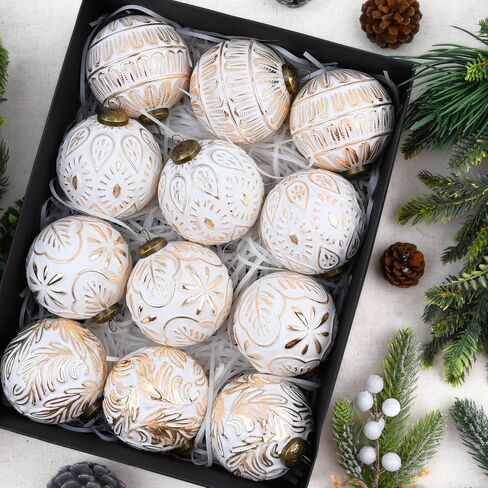 Vintage Christmas Ornaments for Tree Decorations - Rustic Christmas Ball Ornaments Gold White for Indoor Holiday Xmas Decor - 80mm 3.15inch, Pack of 12 in Saudi Arabia