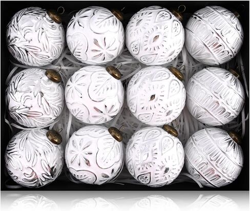 Vintage Christmas Ornaments for Tree Decorations - Rustic Christmas Ball Ornaments Gold White for Indoor Holiday Xmas Decor - 80mm 3.15inch, Pack of 12 in Saudi Arabia
