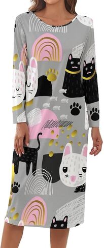 Nightgowns for Women's Long Sleeve Night Shirt Soft Sleepwear Cartoon Cat Print Night Dress in Saudi Arabia