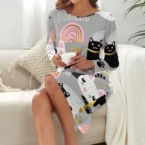 Nightgowns for Women's Long Sleeve Night Shirt Soft Sleepwear Cartoon Cat Print Night Dress in Saudi Arabia