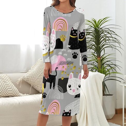 Nightgowns for Women's Long Sleeve Night Shirt Soft Sleepwear Cartoon Cat Print Night Dress in Saudi Arabia