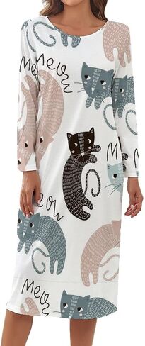 Nightgowns for Women's Long Sleeve Night Shirt Soft Sleepwear Cartoon Cat Print Night Dress in Saudi Arabia