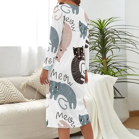 Nightgowns for Women's Long Sleeve Night Shirt Soft Sleepwear Cartoon Cat Print Night Dress in Saudi Arabia