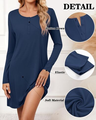 Riyiper 3 Pack Women's Nightgowns Long Sleeve Night Shirts Dress Casual Crew Neck Button Down Plain Pajamas Sleepwear in Saudi Arabia