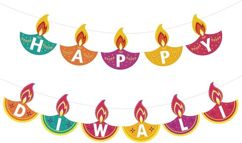 Whaline 2Pcs Happy Diwali Banner Colorful Diwali Garland Pre-Assembled Festival Hanging Banner Deepavali Party Decorations for Indian Themed Diwali Party Doorways Home Mantel Decor Supplies in Saudi Arabia