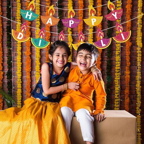 Whaline 2Pcs Happy Diwali Banner Colorful Diwali Garland Pre-Assembled Festival Hanging Banner Deepavali Party Decorations for Indian Themed Diwali Party Doorways Home Mantel Decor Supplies in Saudi Arabia