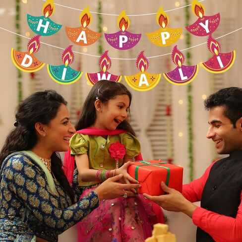 Whaline 2Pcs Happy Diwali Banner Colorful Diwali Garland Pre-Assembled Festival Hanging Banner Deepavali Party Decorations for Indian Themed Diwali Party Doorways Home Mantel Decor Supplies in Saudi Arabia