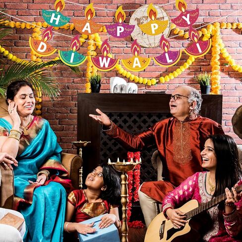Whaline 2Pcs Happy Diwali Banner Colorful Diwali Garland Pre-Assembled Festival Hanging Banner Deepavali Party Decorations for Indian Themed Diwali Party Doorways Home Mantel Decor Supplies in Saudi Arabia