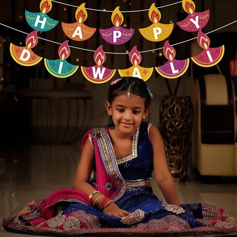 Whaline 2Pcs Happy Diwali Banner Colorful Diwali Garland Pre-Assembled Festival Hanging Banner Deepavali Party Decorations for Indian Themed Diwali Party Doorways Home Mantel Decor Supplies in Saudi Arabia