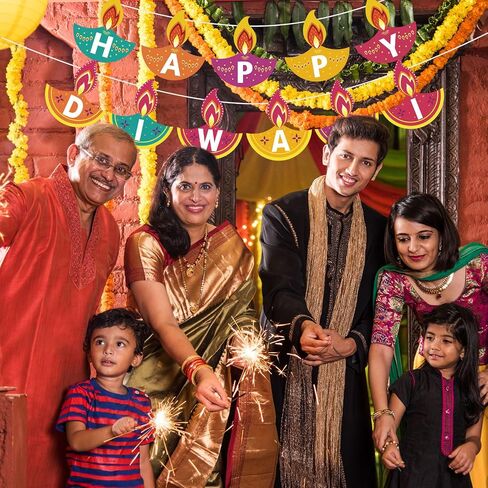 Whaline 2Pcs Happy Diwali Banner Colorful Diwali Garland Pre-Assembled Festival Hanging Banner Deepavali Party Decorations for Indian Themed Diwali Party Doorways Home Mantel Decor Supplies in Saudi Arabia