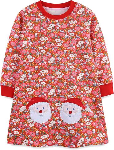 Hongshilian Girls Cotton Chirstmas Dress Long Sleeve Cartoon Appliques Casual Playwear Dresses in Kuwait