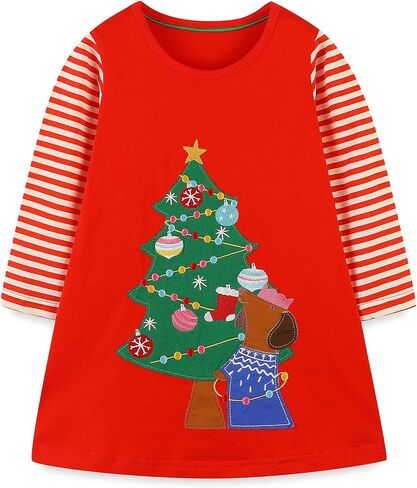 Hongshilian Girls Cotton Chirstmas Dress Long Sleeve Cartoon Appliques Casual Playwear Dresses in Kuwait