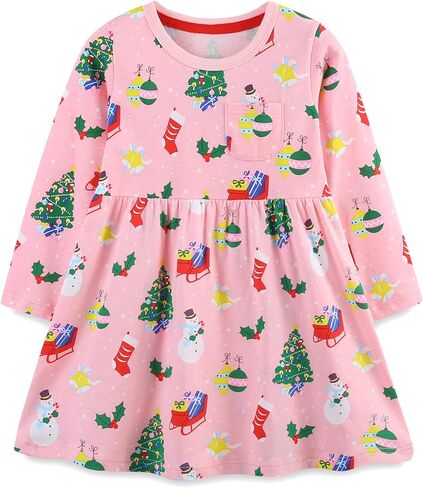 Hongshilian Girls Cotton Chirstmas Dress Long Sleeve Cartoon Appliques Casual Playwear Dresses in Kuwait