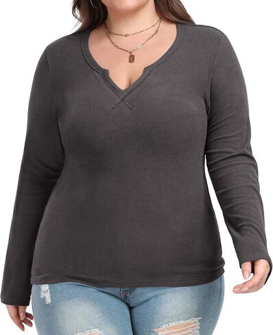 OLRIK Plus Size Long Sleeve Shirts for Women Ribbed Slim V Neck Basic Tops for Women in Saudi Arabia