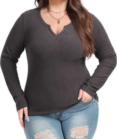 OLRIK Plus Size Long Sleeve Shirts for Women Ribbed Slim V Neck Basic Tops for Women in Saudi Arabia