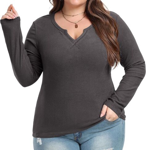 OLRIK Plus Size Long Sleeve Shirts for Women Ribbed Slim V Neck Basic Tops for Women in Saudi Arabia