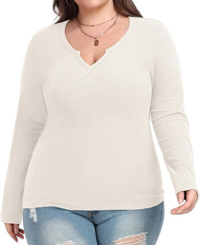 OLRIK Plus Size Long Sleeve Shirts for Women Ribbed Slim V Neck Basic Tops for Women in Saudi Arabia