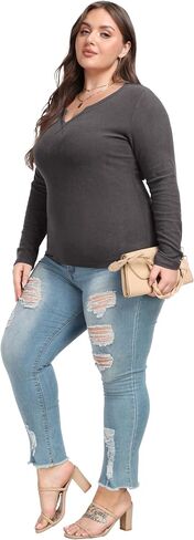OLRIK Plus Size Long Sleeve Shirts for Women Ribbed Slim V Neck Basic Tops for Women in Saudi Arabia