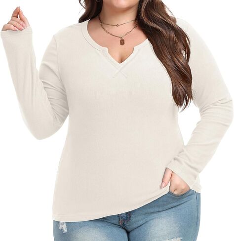 OLRIK Plus Size Long Sleeve Shirts for Women Ribbed Slim V Neck Basic Tops for Women in Saudi Arabia