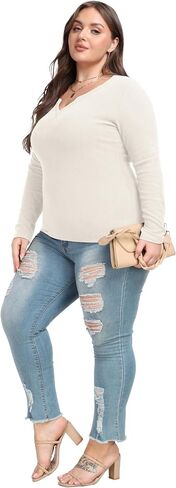 OLRIK Plus Size Long Sleeve Shirts for Women Ribbed Slim V Neck Basic Tops for Women in Saudi Arabia