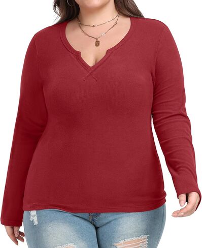 OLRIK Plus Size Long Sleeve Shirts for Women Ribbed Slim V Neck Basic Tops for Women in Saudi Arabia