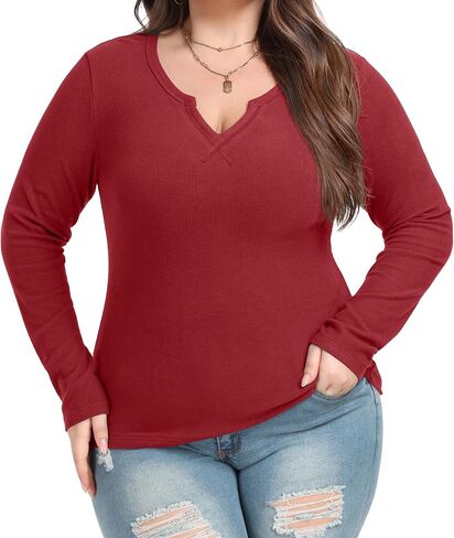 OLRIK Plus Size Long Sleeve Shirts for Women Ribbed Slim V Neck Basic Tops for Women in Saudi Arabia