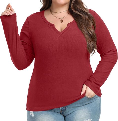 OLRIK Plus Size Long Sleeve Shirts for Women Ribbed Slim V Neck Basic Tops for Women in Saudi Arabia
